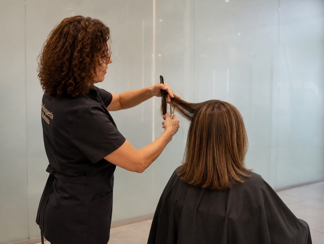 Milagros cortando el pelo a una clienta